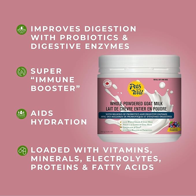 Pets Gone Wild Goat Milk Powder, Non-GMO, Picky Eater Friendly, Liquid Gold High Protein Supplement for Gut Health, Immunity & Hydration Ideal as Milk or Food Topper, Made in Canada