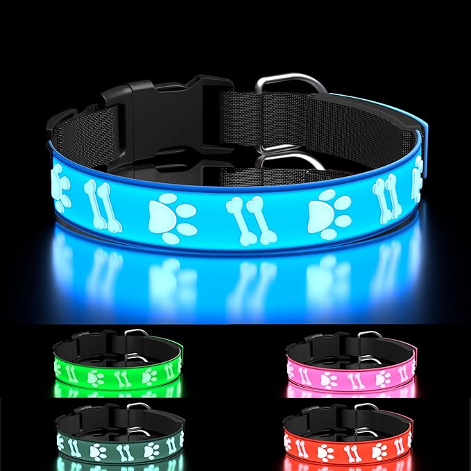 Light Up Collar for Medium Dogs, 15 Glowing Modes/ 3D Design/Adjustable/Rechargeable/Waterproof Flashseen LED Dog Collars, Dog Collar, Blue