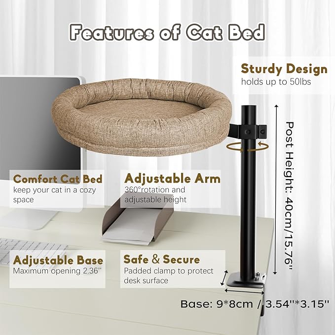 Cat Bed for Desk, Perfect Desk Pet Nest Cat Bed for Indoor Cats Height Adjustable Cat Desk Bed Max Load 50 LBS Comfortable Pet Bed for Kitty with 360° Rotating (Brown)
