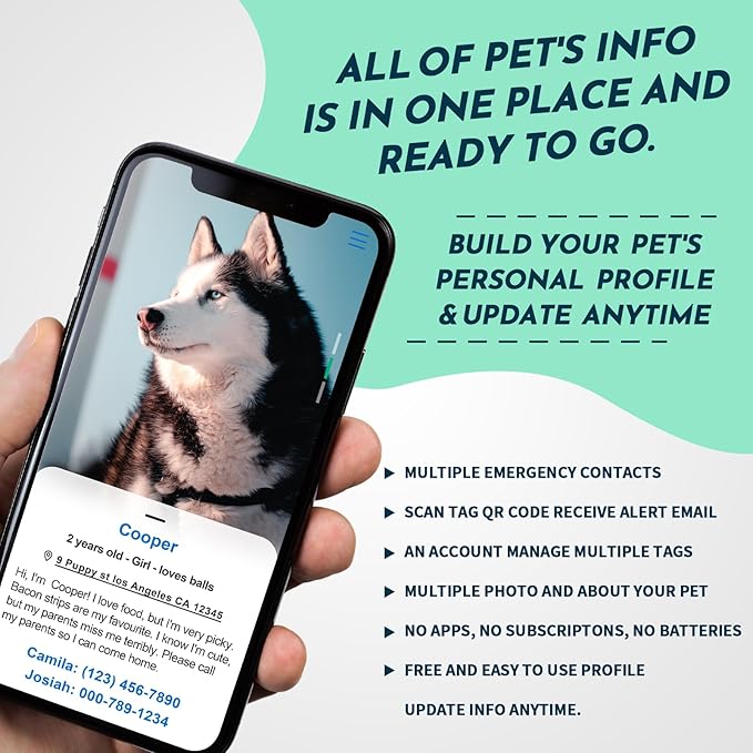 MYLUCKYTAG QR Code Stainless Steel Pet ID Tag - Personalized, Online Profile, Location Alert Email, Digital, Durable - Dog Collar Engraved