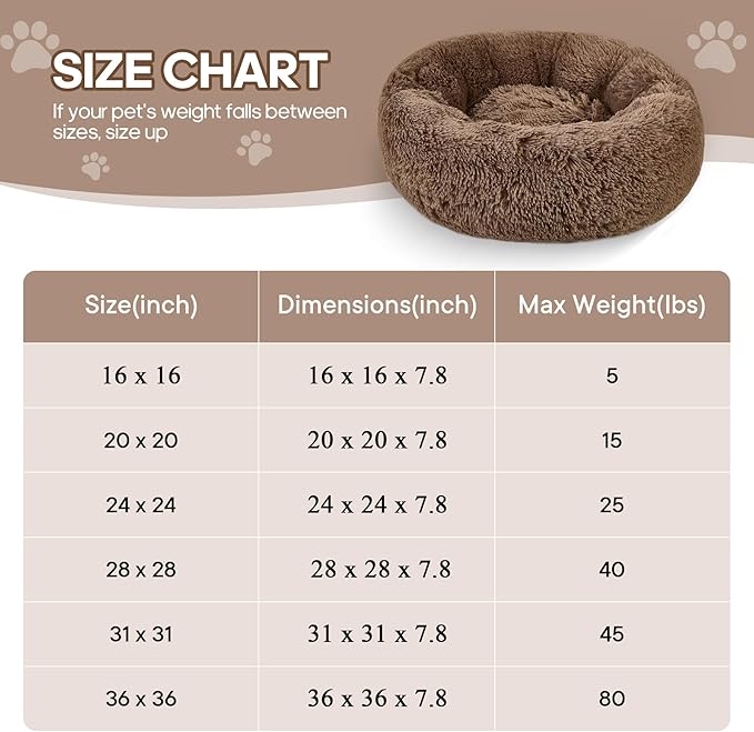Calming Round Cute Cat & Dog Bed, Anti-Slip Washable Cozy Soft Round Pet Bed, Fluffy Faux Fur Plush Dog Cuddler Bed Fits up to 15 lbs Dogs and Cats(Donut Khaki, 20inch x 20inch)