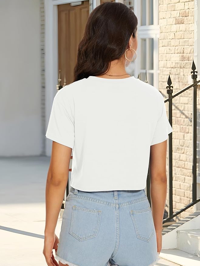 Womens Summer Crop Tops Short Sleeve Round Neck T-Shirts Loose Fit Casual Blouse