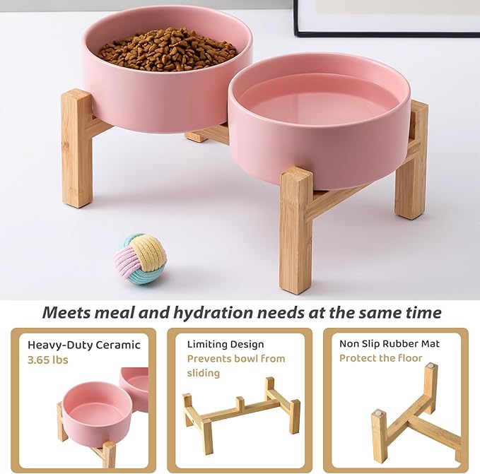 Raised Ceramic Dog Bowl Set - Elevated Dog Bowls with Non Slip Bamboo Stand, Food and Water Bowl Set for Small and Medium Breed Dogs, Pet Bowls, Weighted Dogs Dishes (6'', 2 * 30OZ, Pink)