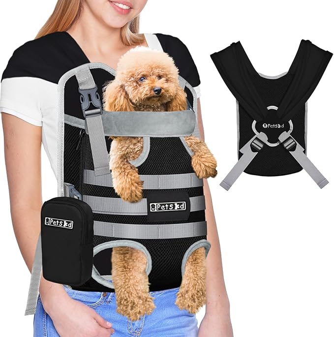 Petskd Dog Front Carrier Backpack for Small Pet with Adjustable Cross Shoulder Straps, Hands Free Puppy Legs Out Chest Carriers for Hiking, Cycling, Vet (Black, M)
