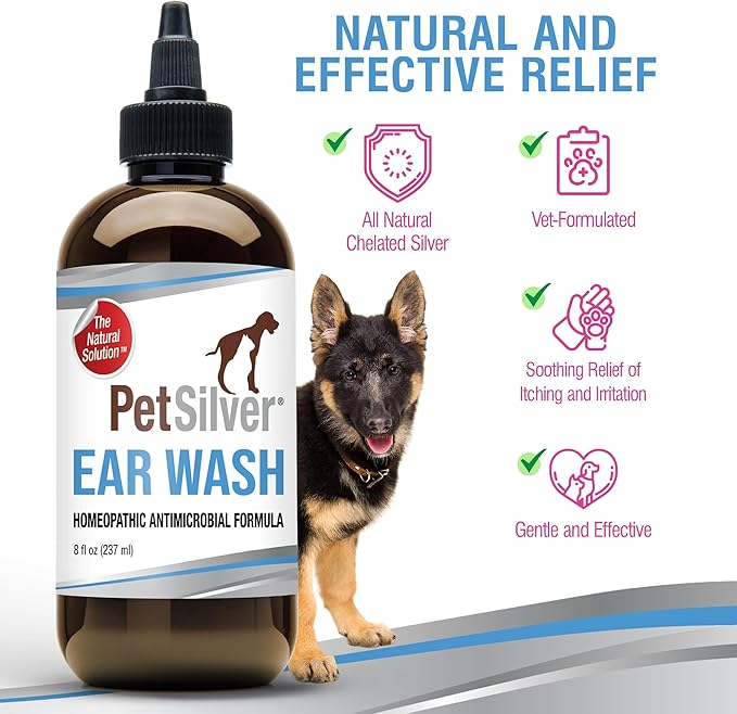 PetSilver Dog Ear Cleaner Solution – Gentle Ear Wash for Dogs and Cats with Chelated Silver – Otic Rinse Formula Targets Wax Buildup, Smelly Odor, and Itchy or Irritated Areas - Made in USA - 8 fl oz