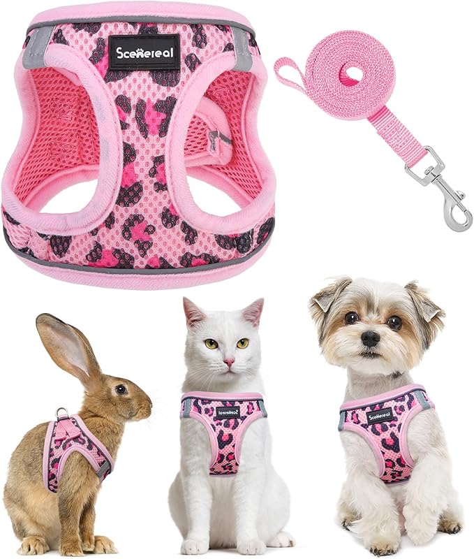 SCENEREAL Cat Harness & Leash Set Escape Proof - Adjustable Air Mesh Vest with Reflective Strips for Kittens, Puppies, Rabbits, Pink Leopard S