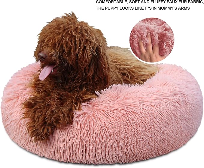 Pink Dog Bed for Small Dogs Machine Washable, Calming Bed for Puppy with Anxiety,19 Inch Round Donut Cute Soft Plush Cuddler Girl Dog Bed for small size dogs with Fluffy Faux Fur,Fits Under 10 lb Pets