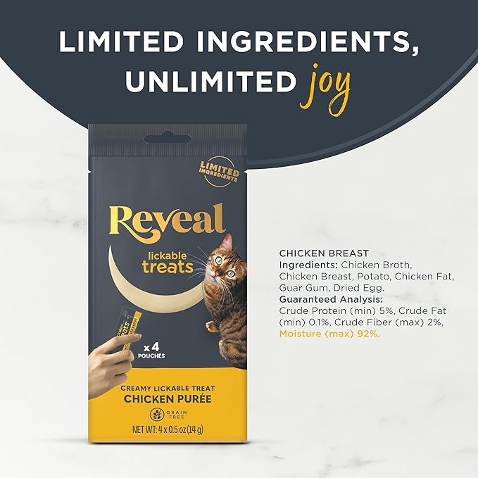 Reveal Lickable Cat Treats, Natural Purée Treats for Cats, Grain Free and Made with Limited Ingredients, Chicken Squeeze Up Cat Treats (40 x 0.5 oz Sachet Multipack)