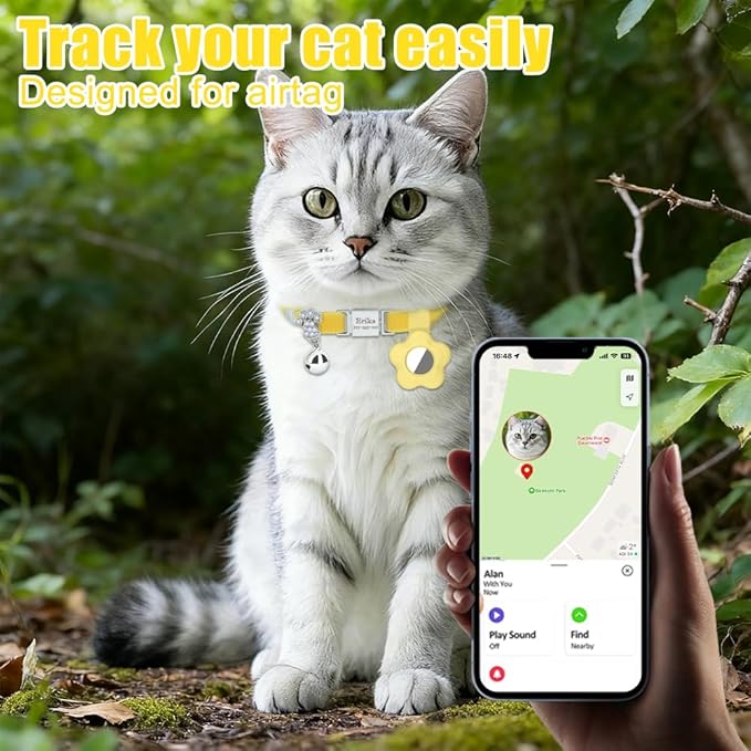 Personalized Safety Elastic Cat Collars with Bell Soft Silicone Cover for Air Tag,Laser Customized Stretch Kitten Collars for Girls Boys Cats (Yellow)