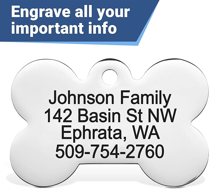 GoTags Stainless Steel Bone Dog Tag with Color Outline and Paw Print, Personalized Pet ID Tag for Dogs and Cats, Custom Engraving with up to 5 Lines of Text on Both Sides (Blue, Regular)