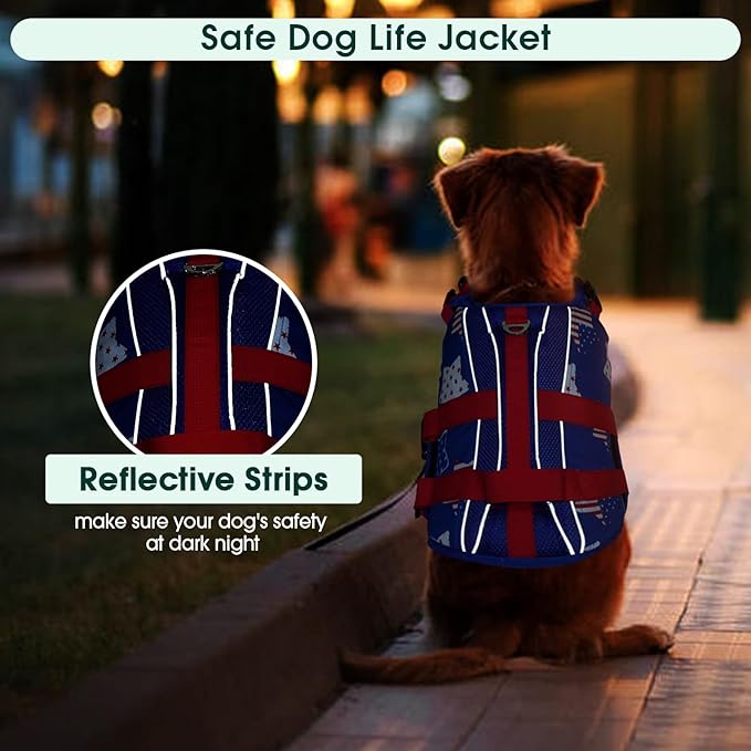 Kuoser Dog Life Jacket High Flotation, American Flag Dogs LifeVest for Swimming Boating, 4th of July Dog Lifejacket with Reflective & Rescue Handle, Lightweight Doggy Life Preserver for Medium Dogs, M