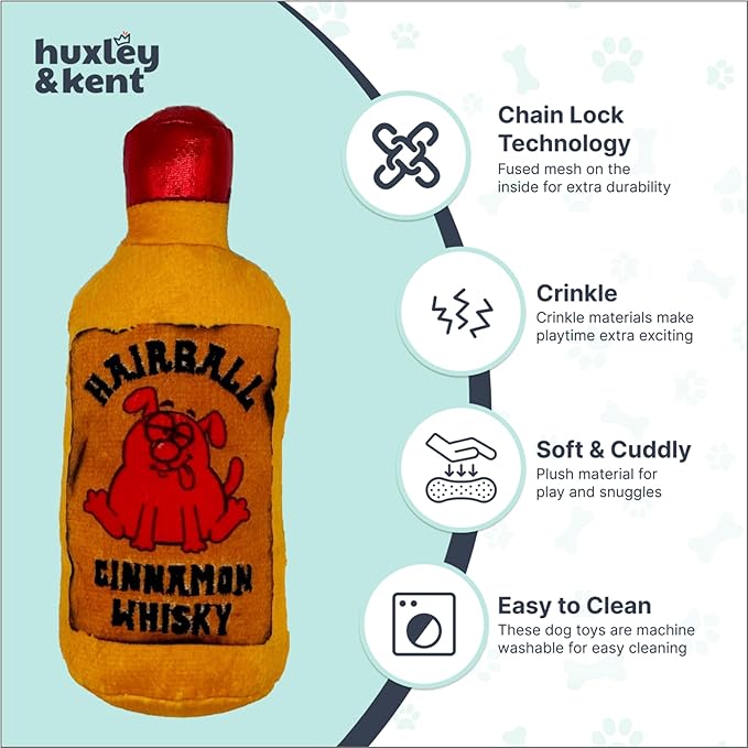 Huxley & Kent Funny Dog Toy w/Squeaker – Power Plush Squeaky Dog Toys for Small Dogs – Durable Small Stuffed Animal for Indoor Play & Fetch - Tiny Tuff Hairball Cinnamon Whiskey