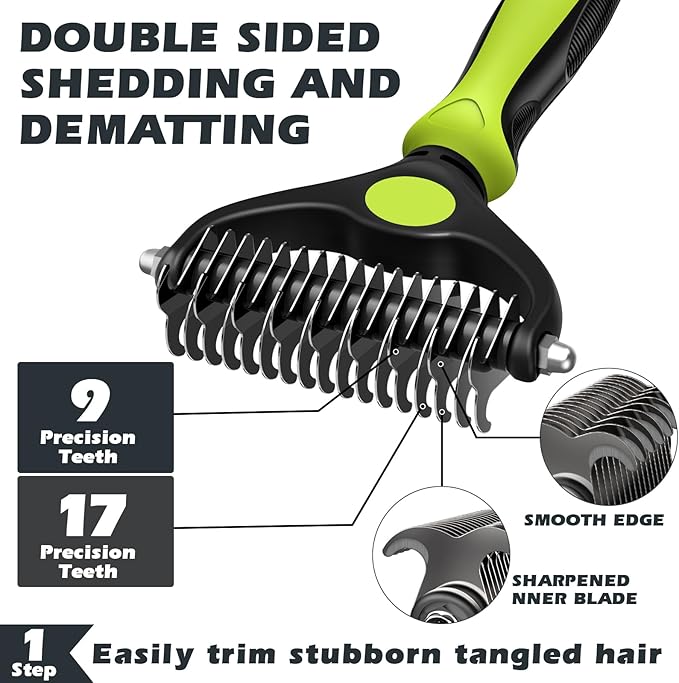 3PCS Self Cleaning Slicker Brush & Pet Grooming Rake & Bath Brush for Dogs,Cats and Horses | Double-Sided Dematting Comb & Skin Friendly Deshedding Grooming Tool | Premium Pet Supplies(Green Black)