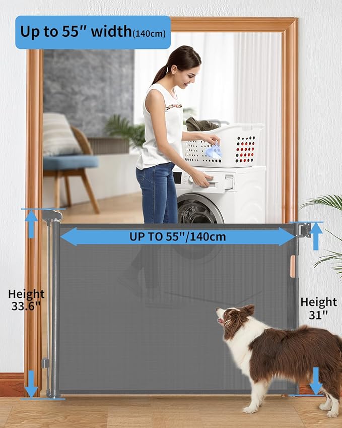 (2 Pack) Retractable Baby Gate for Doorways and Stairs, Mesh Safety Gate for Pet, Indoor & Outdoor Use, One-Hand Operation, Easy Installation, 33.6" Tall, Expands to 55" Wide（Grey,33.6"x55"