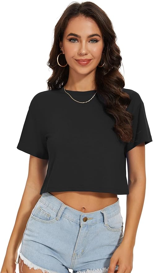 Womens Summer Crop Tops Short Sleeve Round Neck T-Shirts Loose Fit Casual Blouse