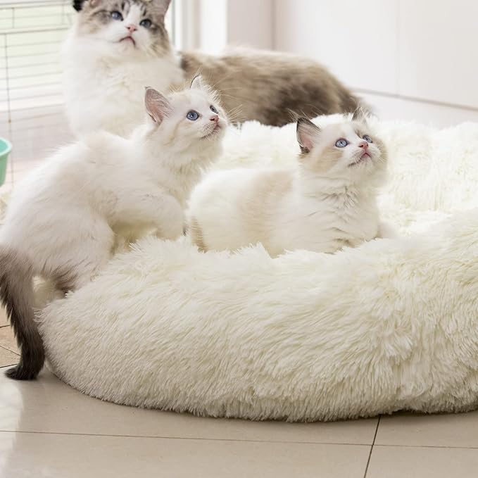 Anti Anxiety Round Fluffy Plush Faux Fur Warm Washable Dog Bed & Cat Bed, Original Bed for Small Medium Large Pets,Used to Relieve Joints and Improve Sleep（20"/24"/27''） (24", White)