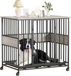 Dog Crate Furniture for Medium Dogs, 38 Inch Indoor Medium Kennel, Wooden Pet Cage Decorative Corner End Table with Caster Wheels & Double Removable Tray, Greige