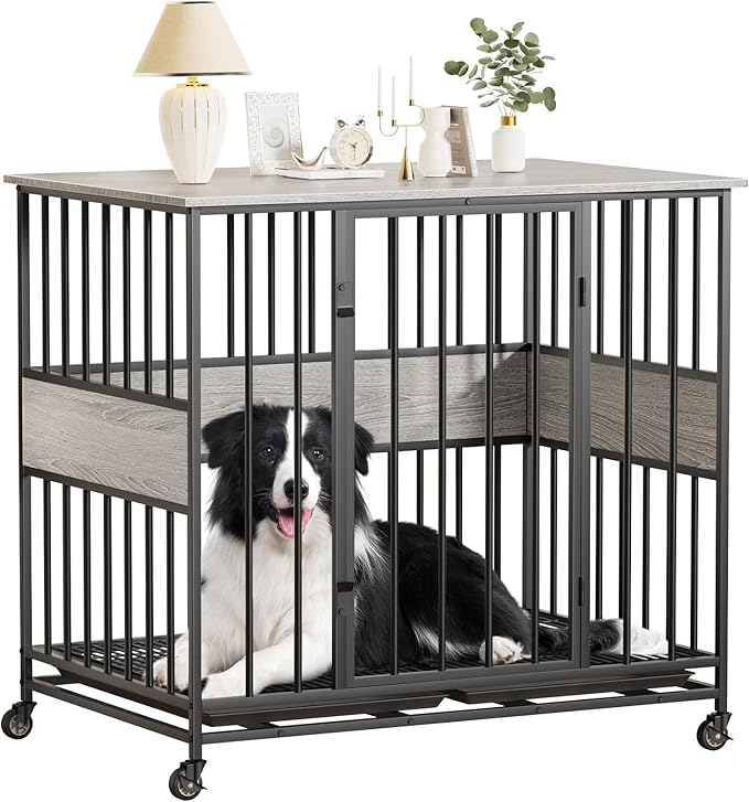 Dog Crate Furniture for Medium Dogs, 38 Inch Indoor Medium Kennel, Wooden Pet Cage Decorative Corner End Table with Caster Wheels & Double Removable Tray, Greige
