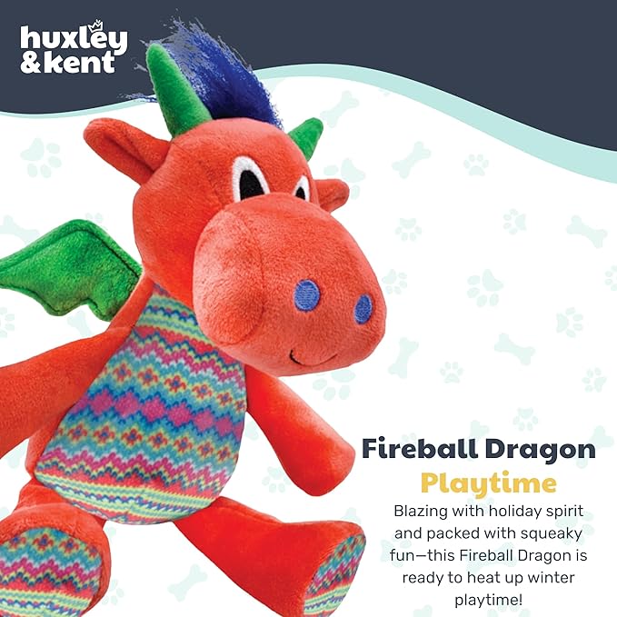 Huxley & Kent Funny Dog Toy w/Squeaker – Holiday Power Plush Squeaky Dog Toys for Small, Medium & Large Dogs – Soft Stuffed Animal for Indoor Play & Fetch - Fireball Dragon, Small