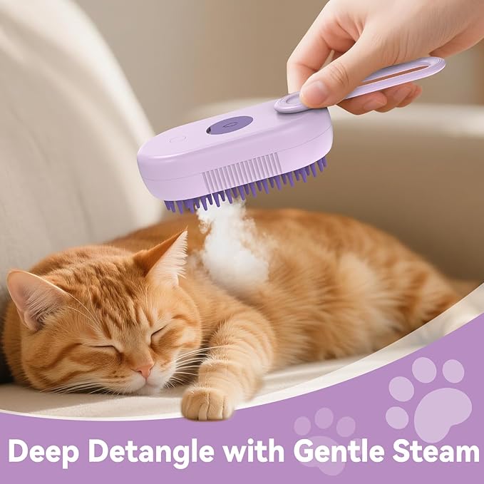 4 in 1 Pet Steam Brush for Shedding,Rechargeable cat brushes for indoor cats,Quiet Detangling Brush for Long Haired Cats and Dogs(Purple)