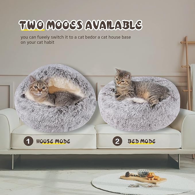 Cat Bed Calming Cat Beds,Indoor Washable Cat Bed，Anti-Slip Faux Fur Fluffy Cuddler Anxiety Cat Bed,Warming Cuddler Cushion Bed for Small Medium Dogs and Cats (Khaki, 24 * 24inch)