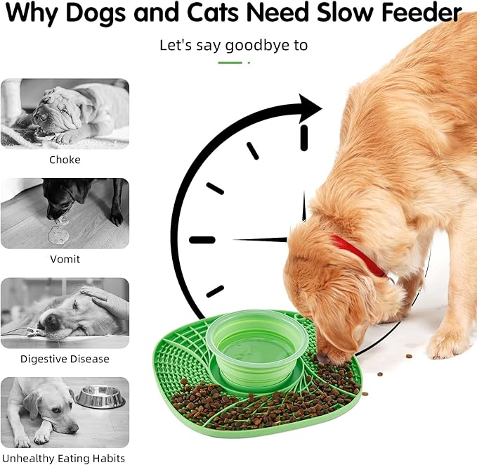 Lick Mat for Small Dogs and Cats with Suction Cups, Silicone Slow Feeder Lick Pad with Collapsible Bowl for Anxiety Relief, Pet Puzzle Treat Mat for Bathing Grooming Trimming (Green)