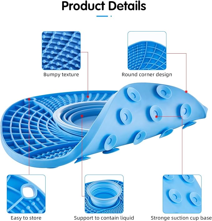 Lick Mat for Small Dogs and Cats with Suction Cups, Silicone Slow Feeder Lick Pad with Collapsible Bowl for Anxiety Relief, Pet Puzzle Treat Mat for Bathing Grooming Trimming (Blue)
