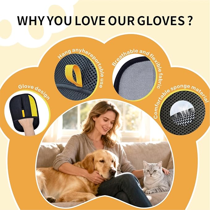 Pet Hair Removal Glove for Dogs & Cats, Upgraded Reusable Electrostatic Pet Hair Gloves, Pet Hair Remover Tool for Clothing, Couch, Carpet,Pet Beds, Car Seat, Convenience for Busy Pet Owners