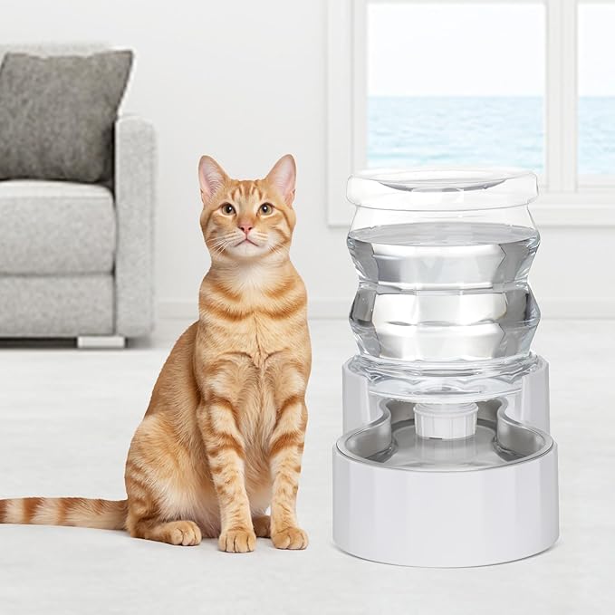 RIZZARI Gravity Water Bowl Dispenser for Cats: 4L White Automatic Stainless Steel Dog Feeder Without Filter - for 8-20LB Elderly Pets with Joint Spine Pain - for Kitchen Bedroom