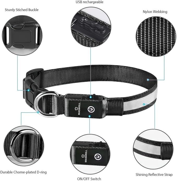 MASBRILL Light Up Dog Collars - LED Dog Collar Rechargeable Lighted Dog Collars Resistant-Water Night Walking Glow in The Dark Collars