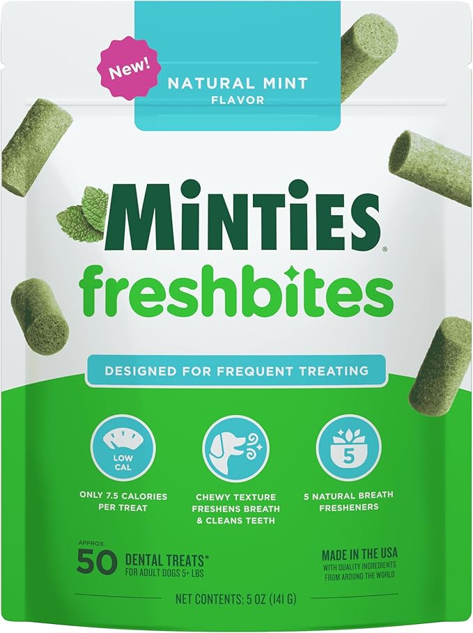 Minties FreshBites Soft and Chewy Dental Treats for Dogs, Low Calorie Natural Mint Flavored Dental Chews for Dogs, 50 Count, Chews Clean Teeth, Fight Bad Breath, and Removes Plaque and Tartar