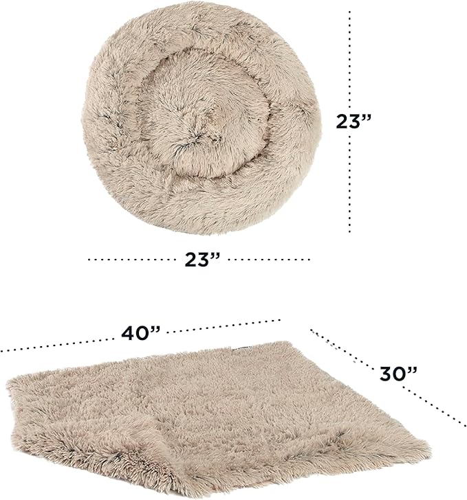 Best Friends by Sheri Bundle Set The Original Calming Shag Donut Cuddler Cat and Dog Bed + Pet Throw Blanket, Taupe, Small, 23x23