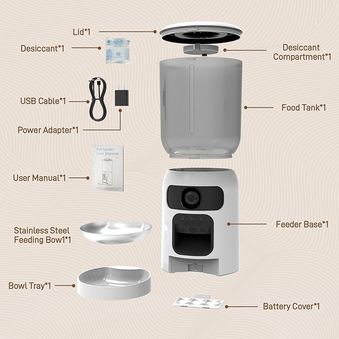 Dual Lens Pet Feeder with Camera, 1080P Video, AI Pet Detection, Night Vision, 2.4/5G WiFi, Interactive Features, App Control, 2-Way Audio, Auto Feeding & Freshness Preservation, 6L