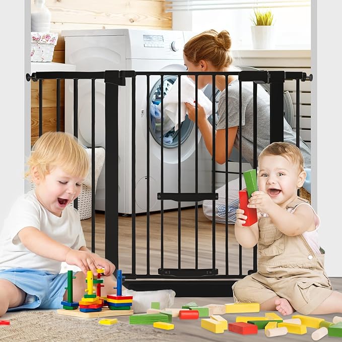 37 Inch Tall Baby Gate with Cat Door, Adjustable 29.55" and -46.06",Auto Close Pet Gate Easy Walk Thru Pet Door for Stairs, Doorway, House, Pressure Mounted Safety Child Gates