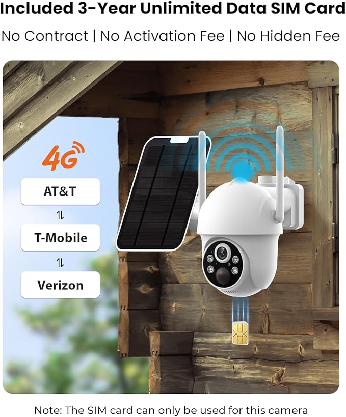 4G LTE Cellular Security Camera Wireless Outdoor with 3-Year Unlimited Data SIM Card, 2K Solar Camera, No WiFi Security Camera, Color Night Vision, 360° Viewing, PIR Motion Sensor, 2-Way Talk