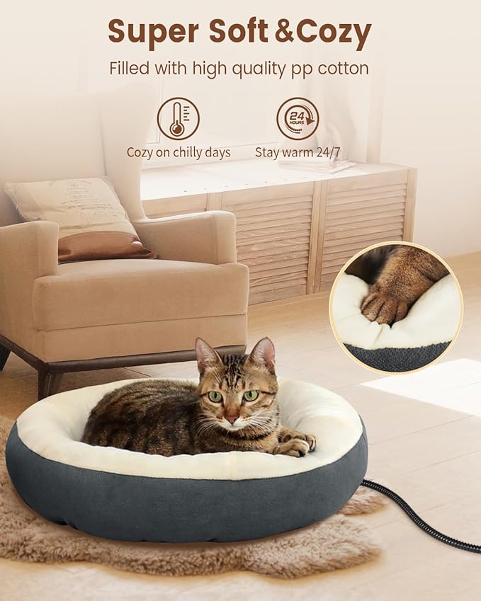 Heated Cat Beds for Indoor Cats, Soft Round Warming Heated Pet Bed for Small Medium Size Cats, Electric Cat Heating Bed for Kittens 19 Inches