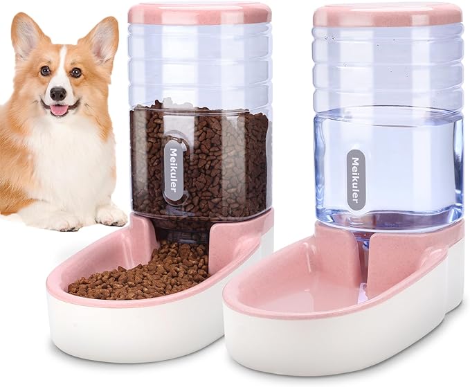Meikuler Automatic Dog Cat Feeder and Water Dispenser Set,Waterer and Gravity Food Feeder for Small & Medium Dogs Cats Puppies,Large Capacity 1 Gallon x 2(Pink)