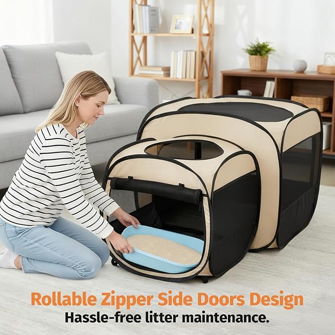 2-in-1 Portable Cat Playpen, Pop up Pet Kennel Play Pen Cat Tent House Cage, Foldable Puppy Enclosure Kitten Crates Indoors Outdoor(Beige)(No Divider, Pass-Through)