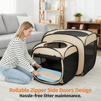 2-in-1 Portable Cat Playpen, Pop up Pet Kennel Play Pen Cat Tent House Cage, Foldable Puppy Enclosure Kitten Crates Indoors Outdoor(Beige)(No Divider, Pass-Through)