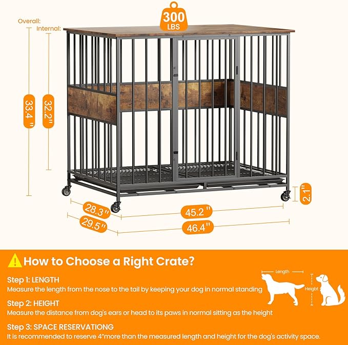 Dog Crate Furniture for Extra Large Dogs, 47 Inch Indoor Kennel, Wooden Pet Cage Decorative Corner End Table with Caster Wheels & Double Removable Tray,Rustic Brown