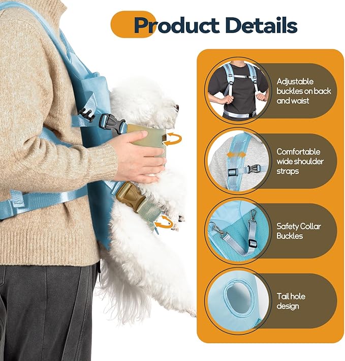 Pet Dog Front Carrier Backpacks, Legs Out Secure-Fit Dog Front Carrier for Small Dogs Up to 17 lbs, Adjustable Hands Free Pet Chest Carrier for Hiking Cycling (S, Blue)