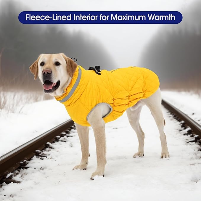 FUAMEY Dog Coat for Large Dogs,Waterproof Dog Winter Jacket with Harness Built in Puppy Cold Weather Coats Reflective Pet Vest with Zipper Warm Fleece Dogs Snowsuit Windproof Yellow 3XL