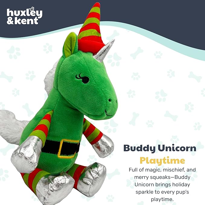 Huxley & Kent Funny Dog Toy w/Squeaker – Holiday Power Plush Squeaky Dog Toys for Small, Medium & Large Dogs – Soft Stuffed Animal for Indoor Play & Fetch - Buddy Unicorn, Small