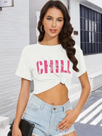 Womens Summer Crop Tops Short Sleeve Round Neck T-Shirts Loose Fit Casual Blouse