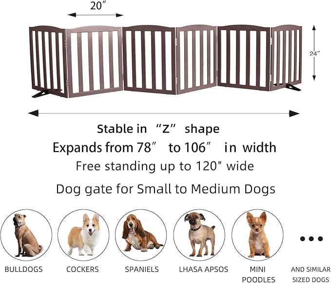 ZJSF Foldable Freestanding Indoor Dog Gate for House Wood Long Pet Gates Dog Fence for Stairs Puppy Gates for Hallways, Puppy Gate,Support Feet Included, Brown, 24 "Height-6 Panels