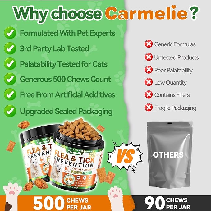 Flea and Tick Prevention for Cats, 500 Crunchy & Creamy Chews, Cat Flea Chewables with Natural Oral Flea Treatment Supplement Cats, Skin & Coat Support - All Breeds & Ages - Chicken and Krill Flavor