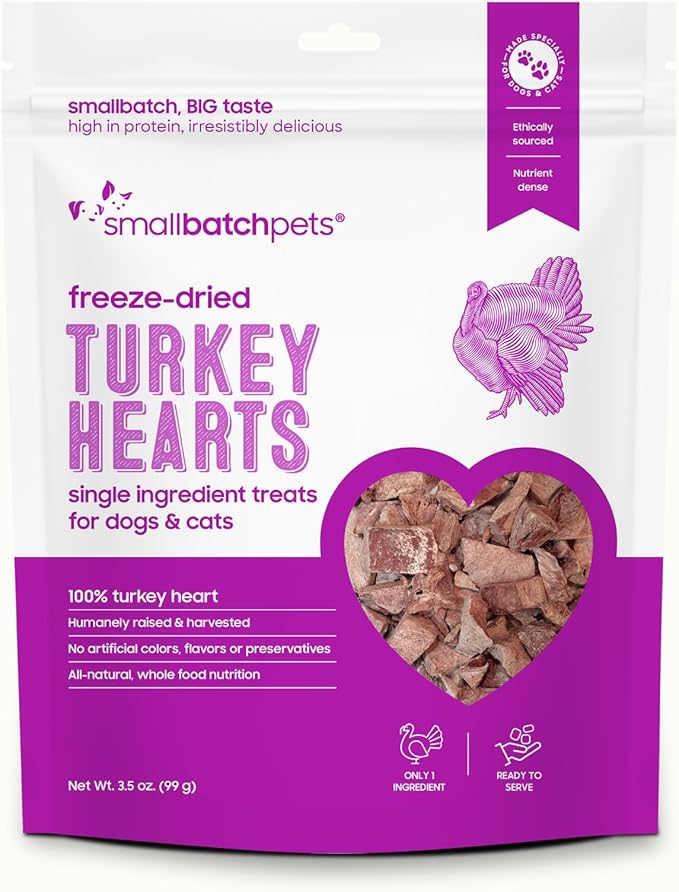 smallbatch Pets Premium Freeze-Dried Turkey Heart Treats for Dogs and Cats, 3.5 oz, Made and Sourced in The USA, Single Ingredient, Humanely Raise Meat, No Preservatives or Anything Artificial Ever