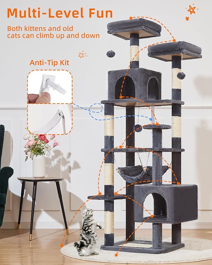 Taoqimiao Cat Tree, 68-Inch Cat Tree Cat Tower for Indoor Cats, Plush Multi-Level Cat Condo with 6 Scratching Posts, 2 Perches, 2 Caves,Hammock, 3 Pompoms,MS020SG Smoky Gray