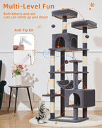 Taoqimiao Cat Tree, 68-Inch Cat Tree Cat Tower for Indoor Cats, Plush Multi-Level Cat Condo with 6 Scratching Posts, 2 Perches, 2 Caves,Hammock, 3 Pompoms,MS020SG Smoky Gray