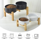 Raised Ceramic Dog Bowl Set - Elevated Dog Bowls with Non Slip Bamboo Stand, Food and Water Bowl Set for Small and Medium Breed Dogs, Pet Bowls, Weighted Dogs Dishes (6'', 2 * 30OZ, Black)